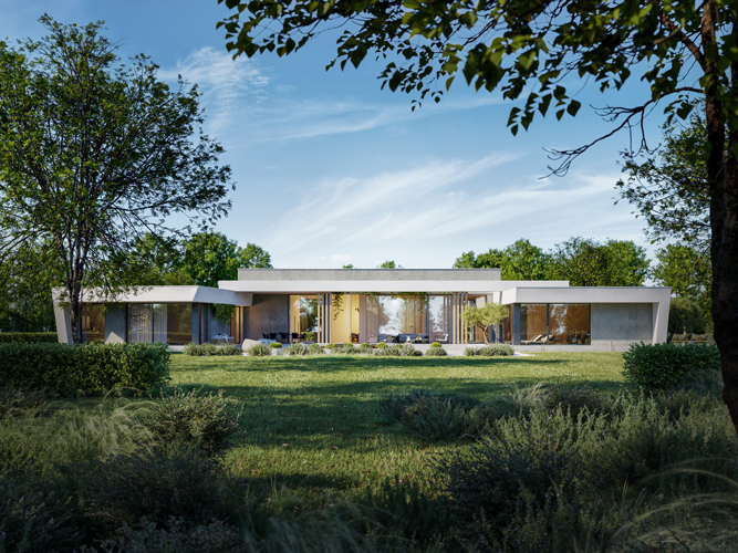 Modern single-storey house in Mediterranean style with a light fasade, fragmented architectural form, and surrounded by olive trees – architectural visualization