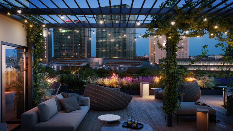 Premium 3D visualization and animation of Ogrodowa 12 in Poznań — a city-center residence with breathtaking night views from the rooftop terrace