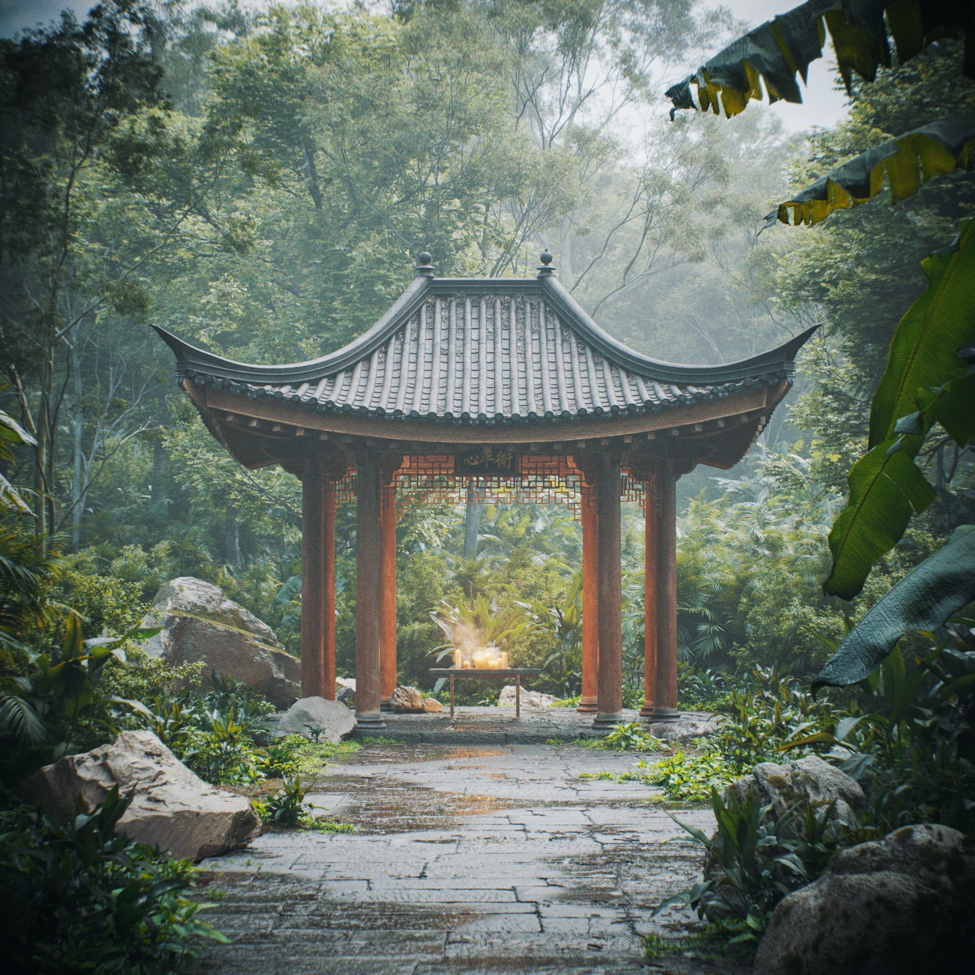 3D visualization of a hidden traditional Chinese temple in tropical jungle - curved roofs and lush vegetation create mystical atmosphere