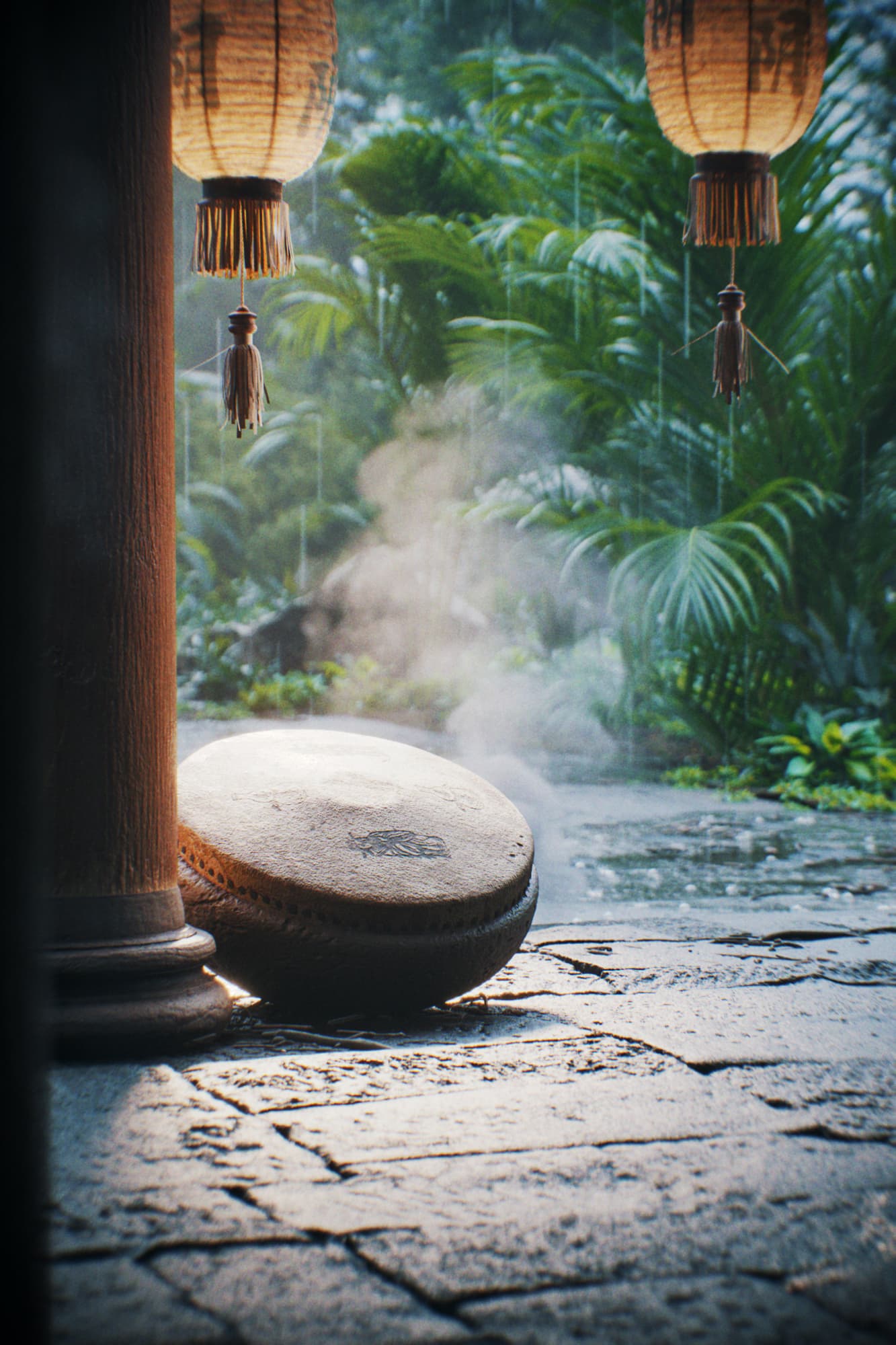 3D visualization of a hidden traditional Chinese temple in tropical jungle - curved roofs and lush vegetation create mystical atmosphere