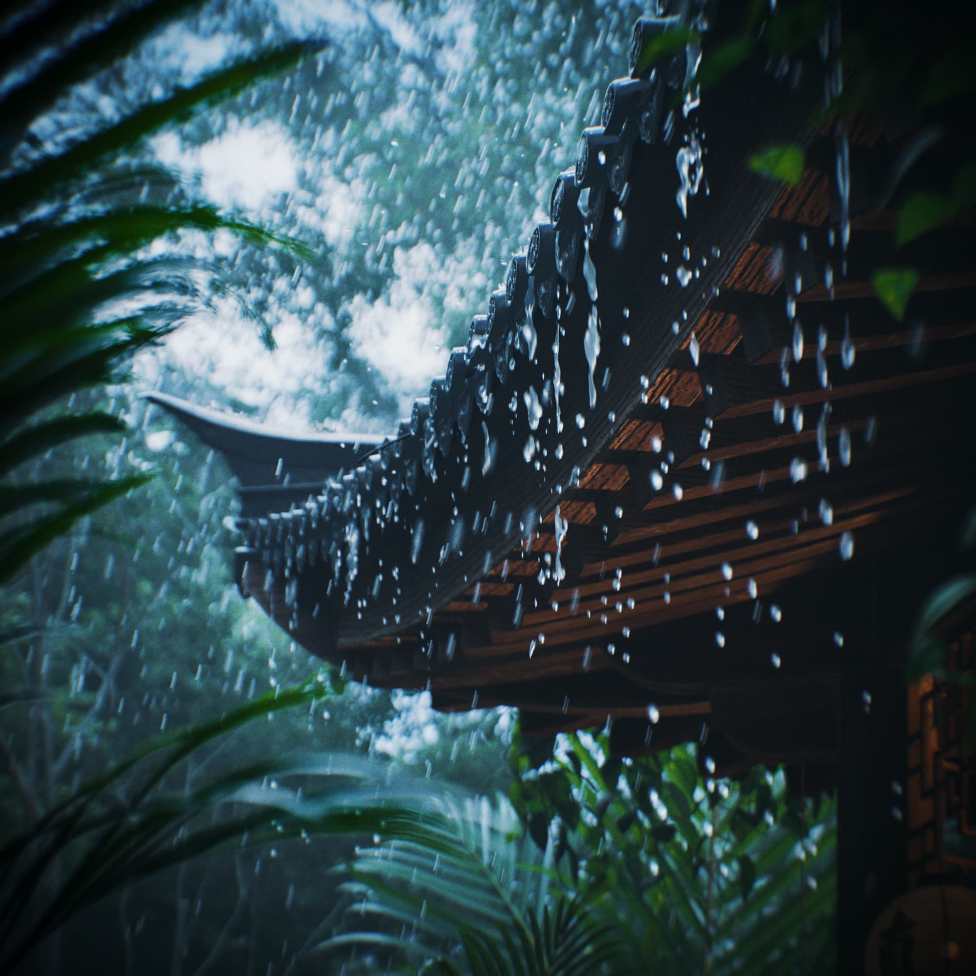 3D visualization of a hidden traditional Chinese temple in tropical jungle - curved roofs and lush vegetation create mystical atmosphere