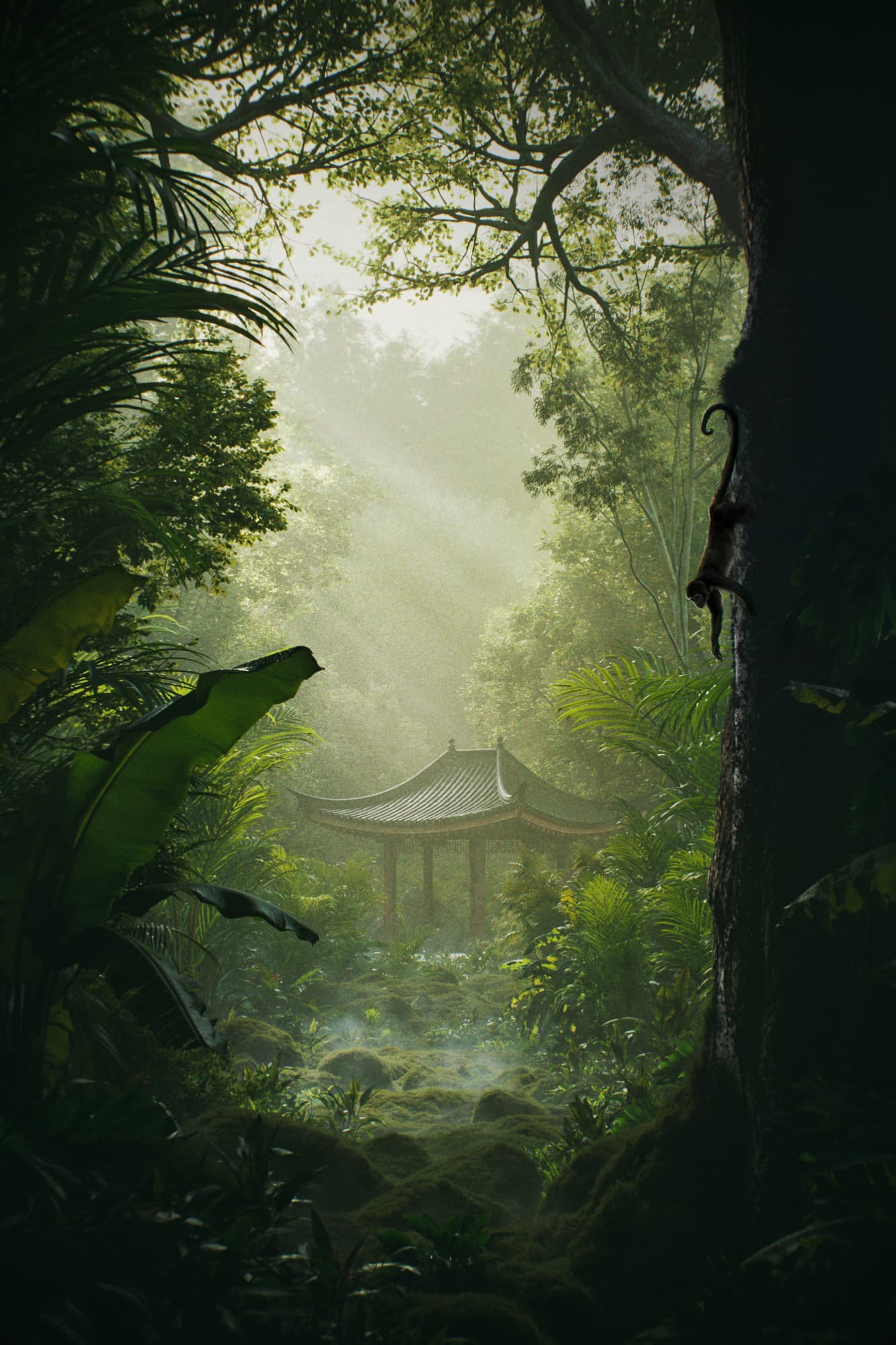 3D visualization of a hidden traditional Chinese temple in tropical jungle - curved roofs and lush vegetation create mystical atmosphere