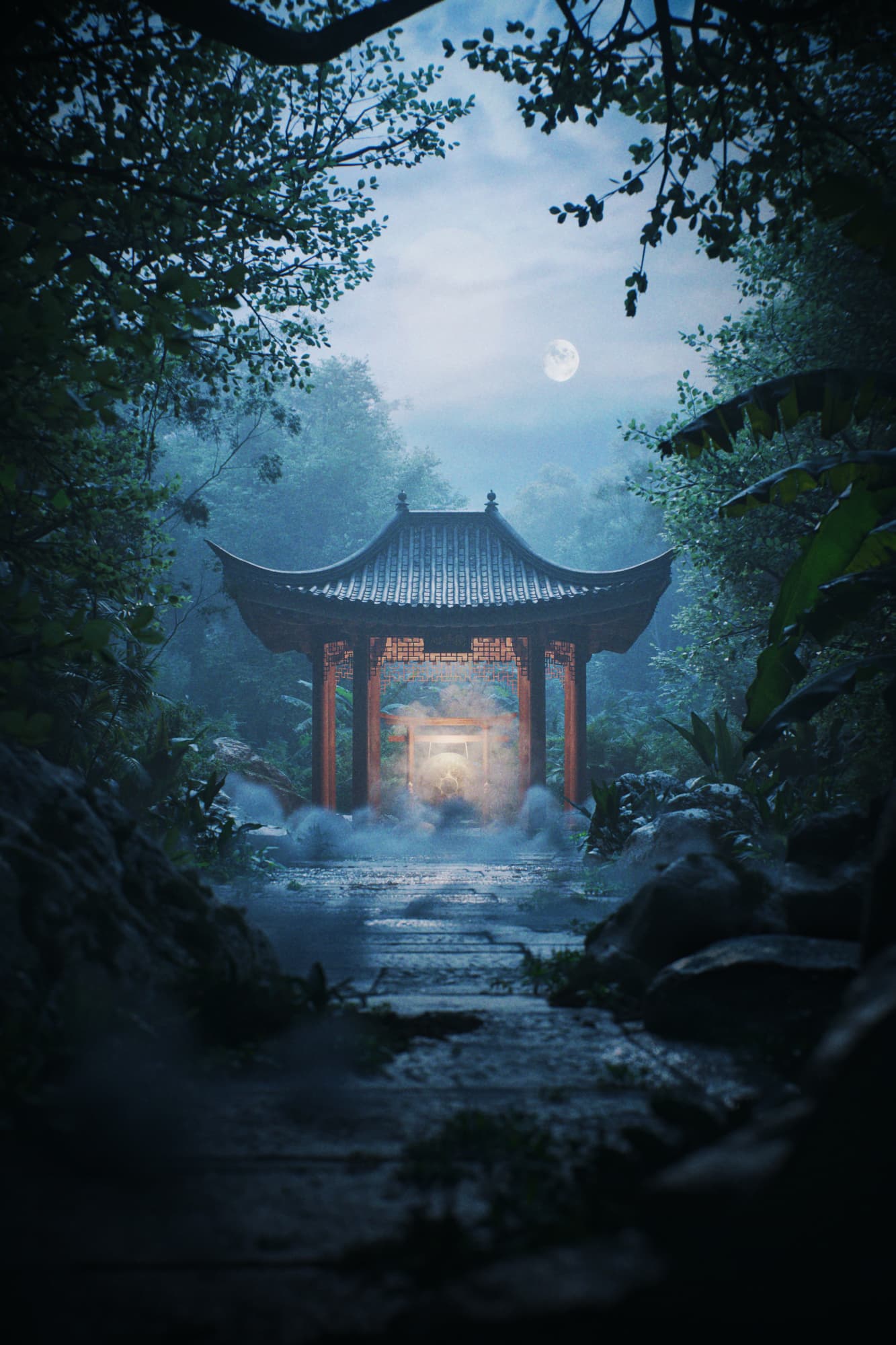 3D visualization of a hidden traditional Chinese temple in tropical jungle - curved roofs and lush vegetation create mystical atmosphere