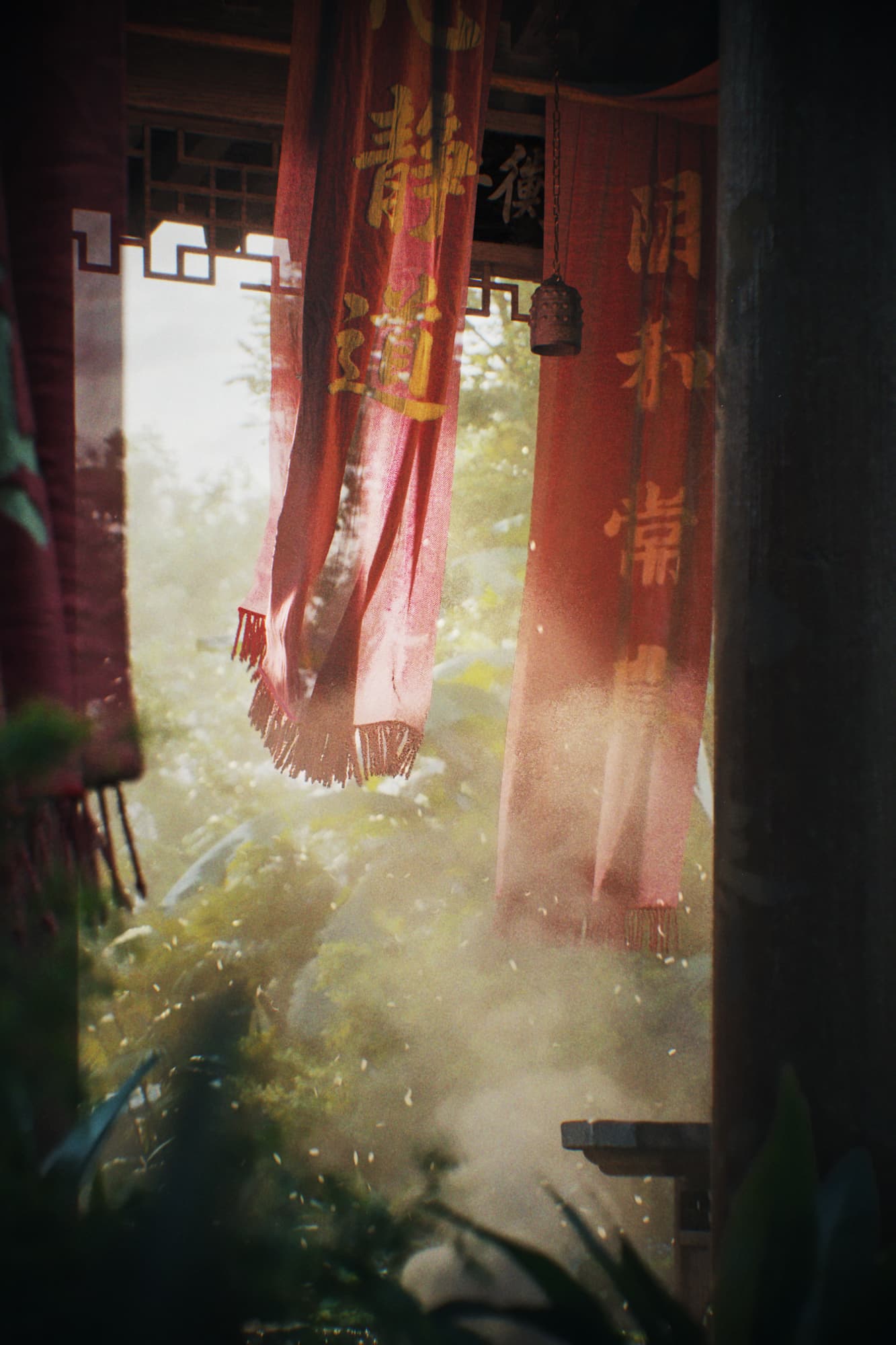 3D visualization of a hidden traditional Chinese temple in tropical jungle - curved roofs and lush vegetation create mystical atmosphere