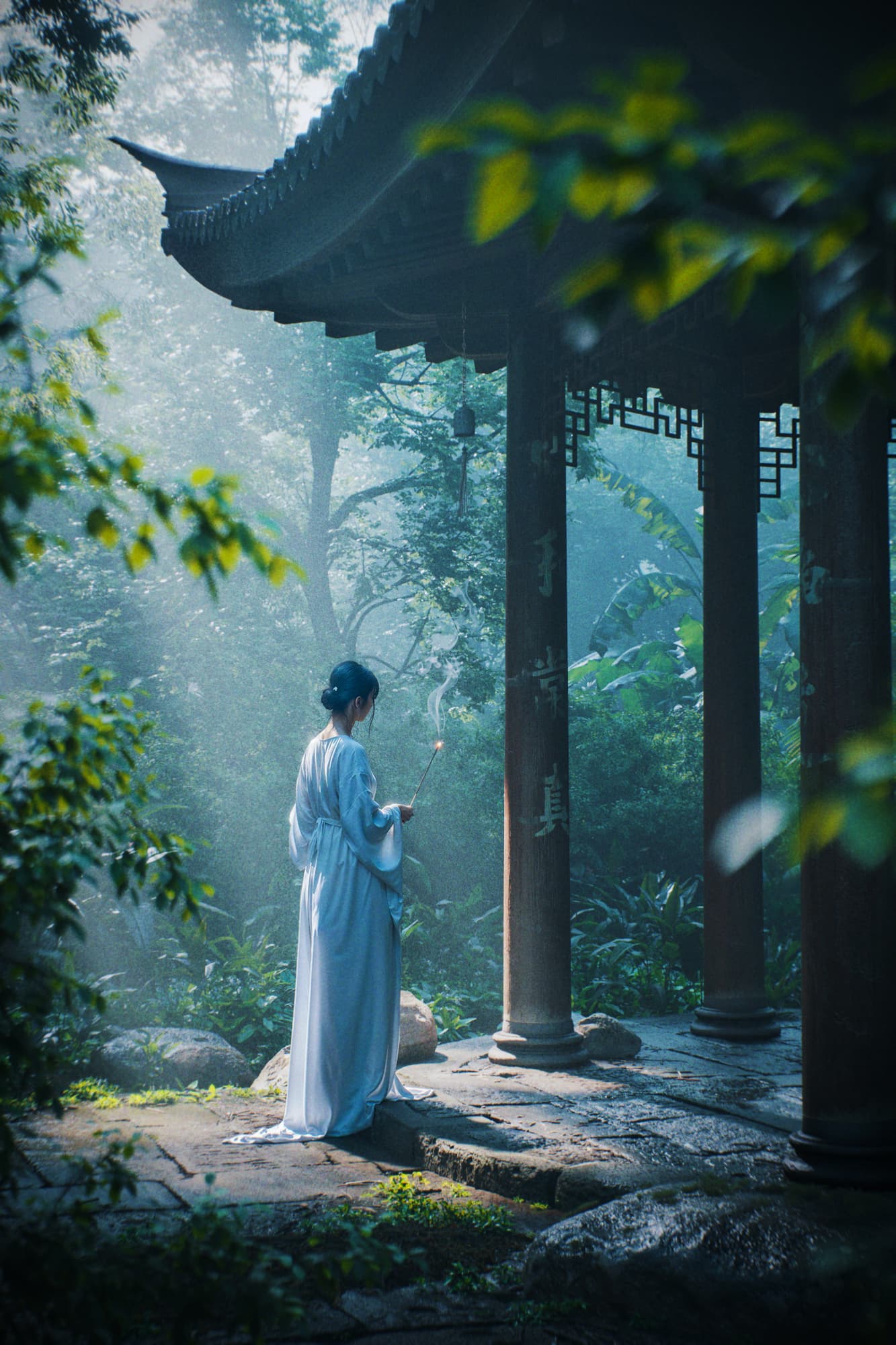 3D visualization of a hidden traditional Chinese temple in tropical jungle - curved roofs and lush vegetation create mystical atmosphere