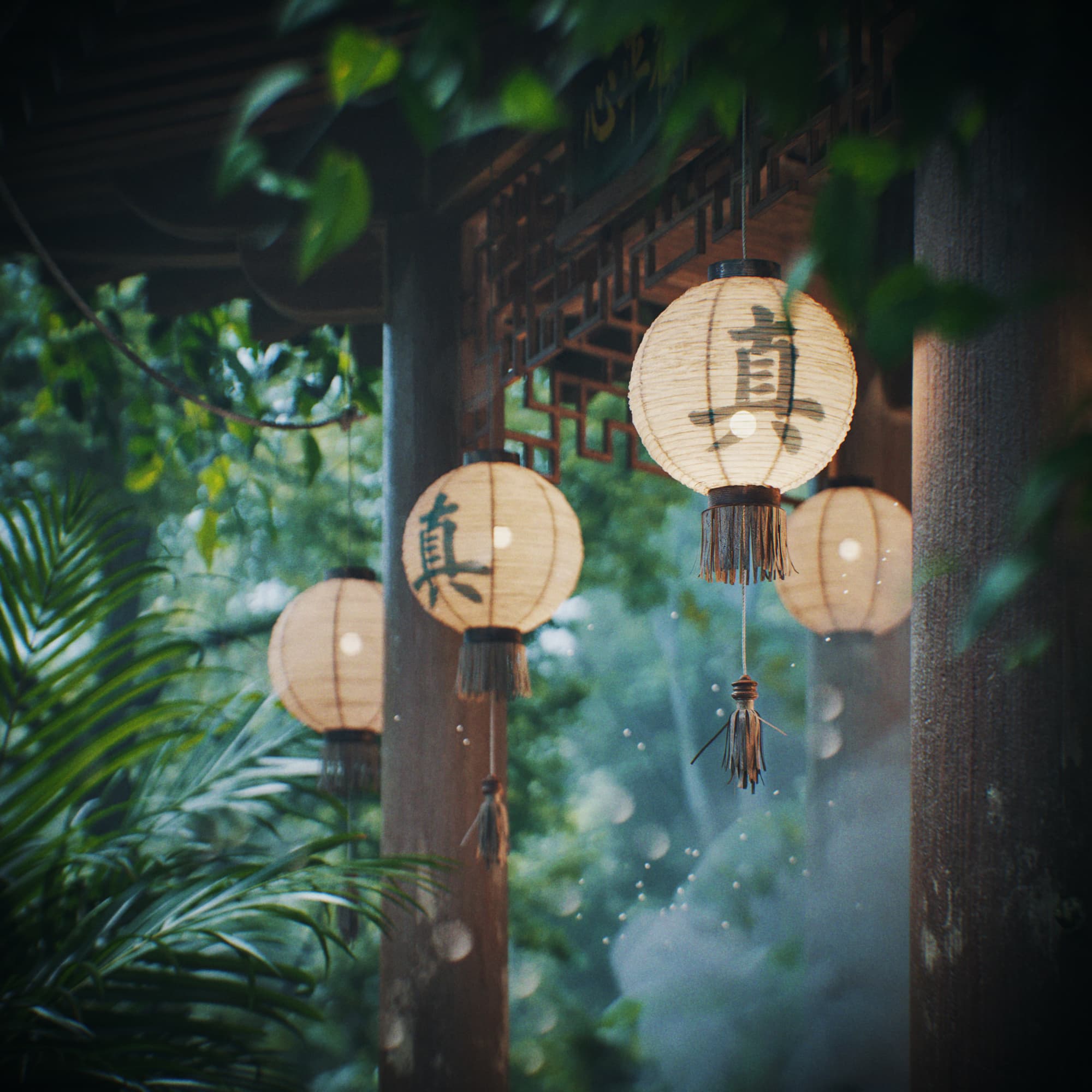 3D visualization of a hidden traditional Chinese temple in tropical jungle - curved roofs and lush vegetation create mystical atmosphere