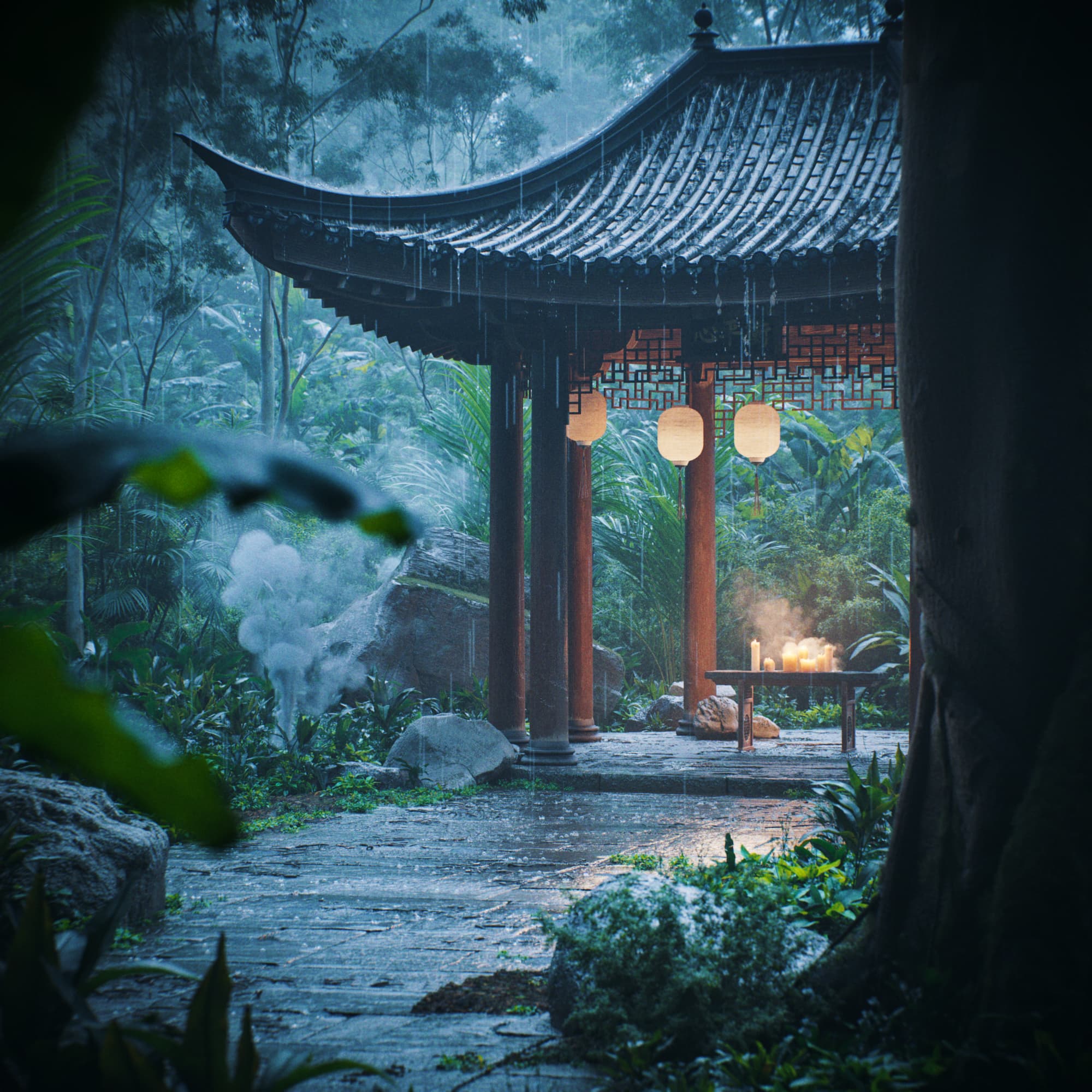 3D visualization of a hidden traditional Chinese temple in tropical jungle - curved roofs and lush vegetation create mystical atmosphere