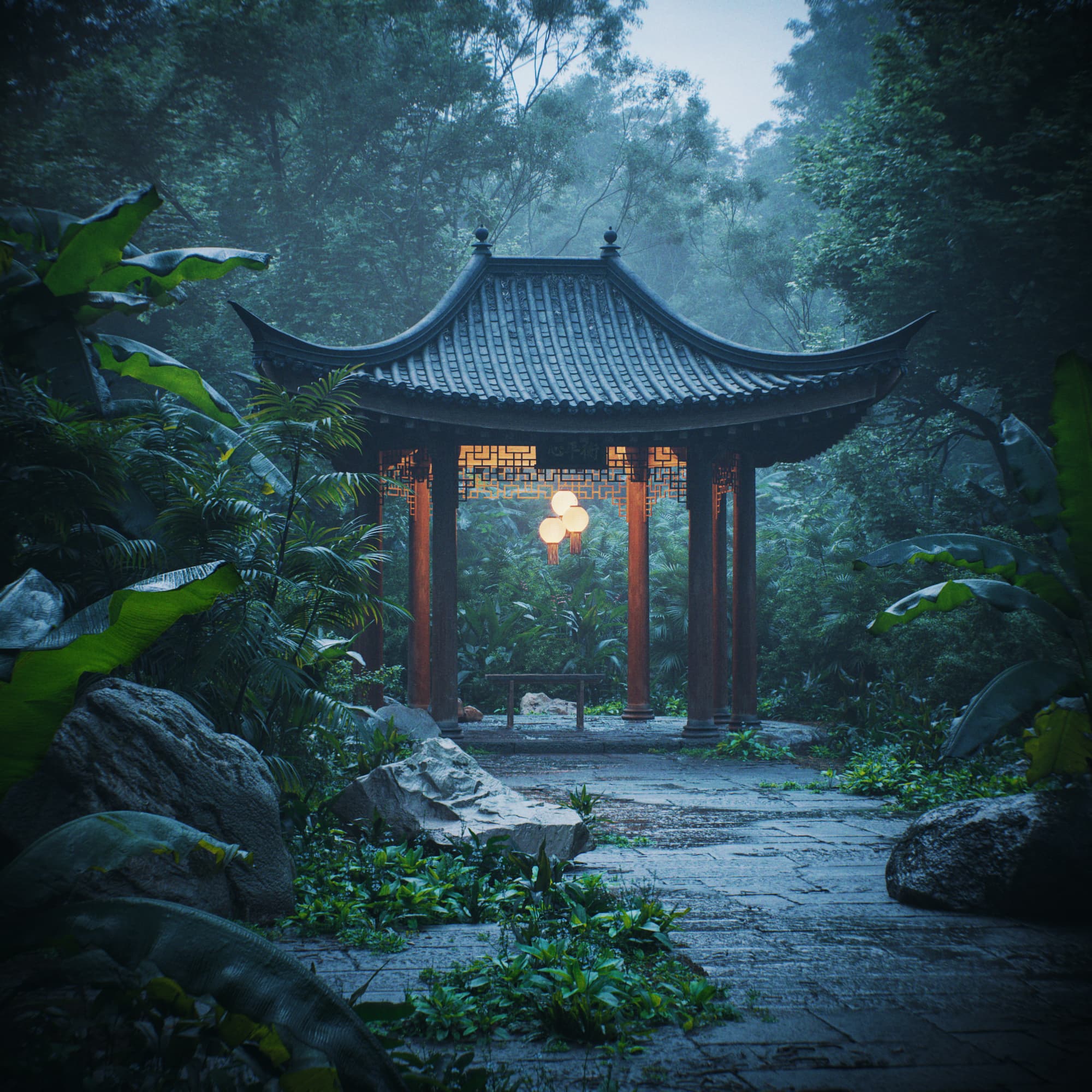 3D visualization of a hidden traditional Chinese temple in tropical jungle - curved roofs and lush vegetation create mystical atmosphere