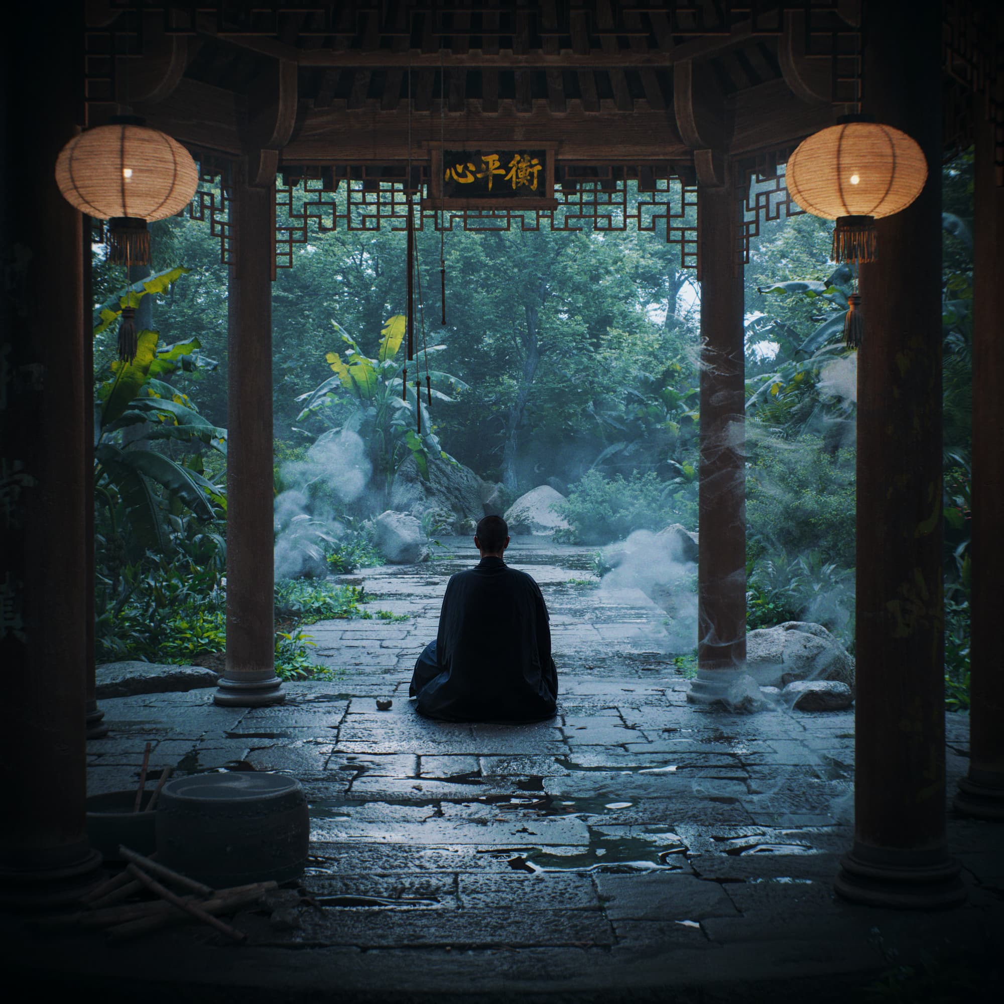 3D visualization of a hidden traditional Chinese temple in tropical jungle - curved roofs and lush vegetation create mystical atmosphere