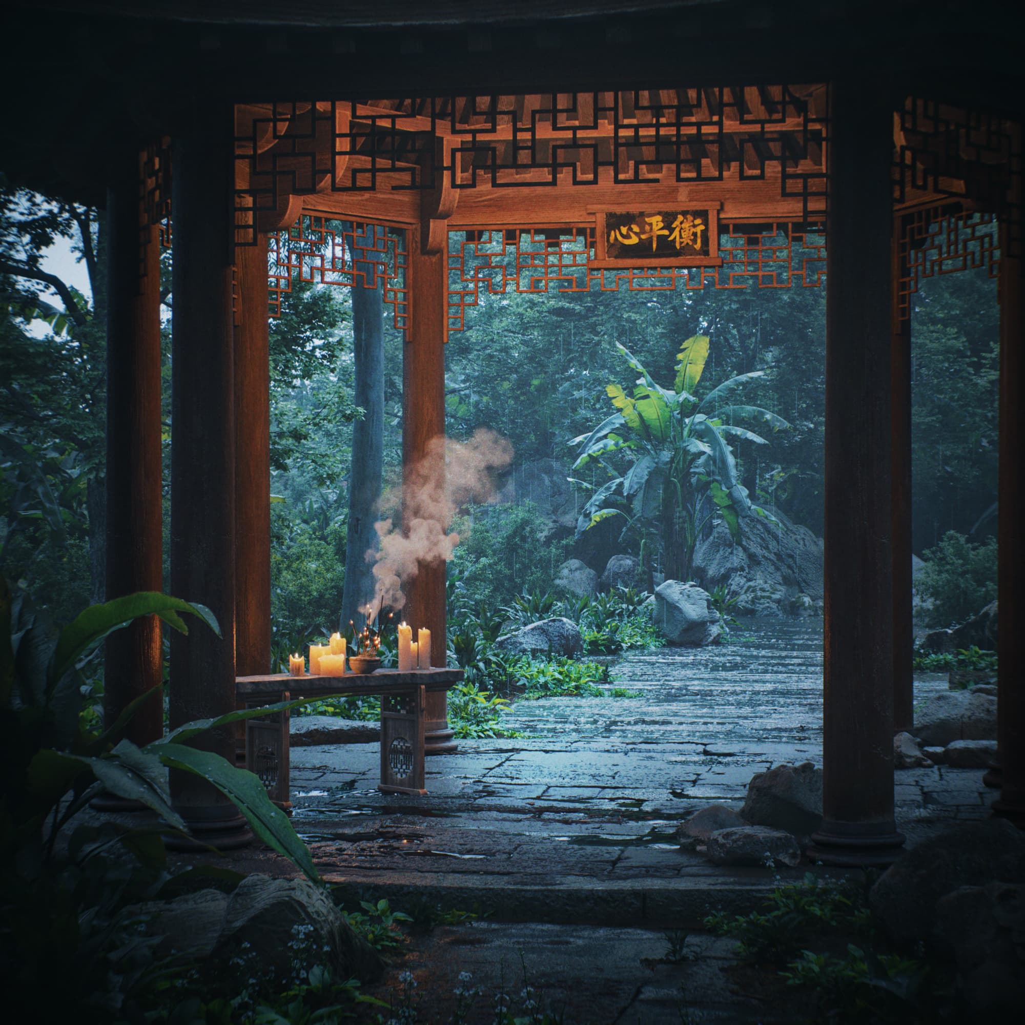 3D visualization of a hidden traditional Chinese temple in tropical jungle - curved roofs and lush vegetation create mystical atmosphere
