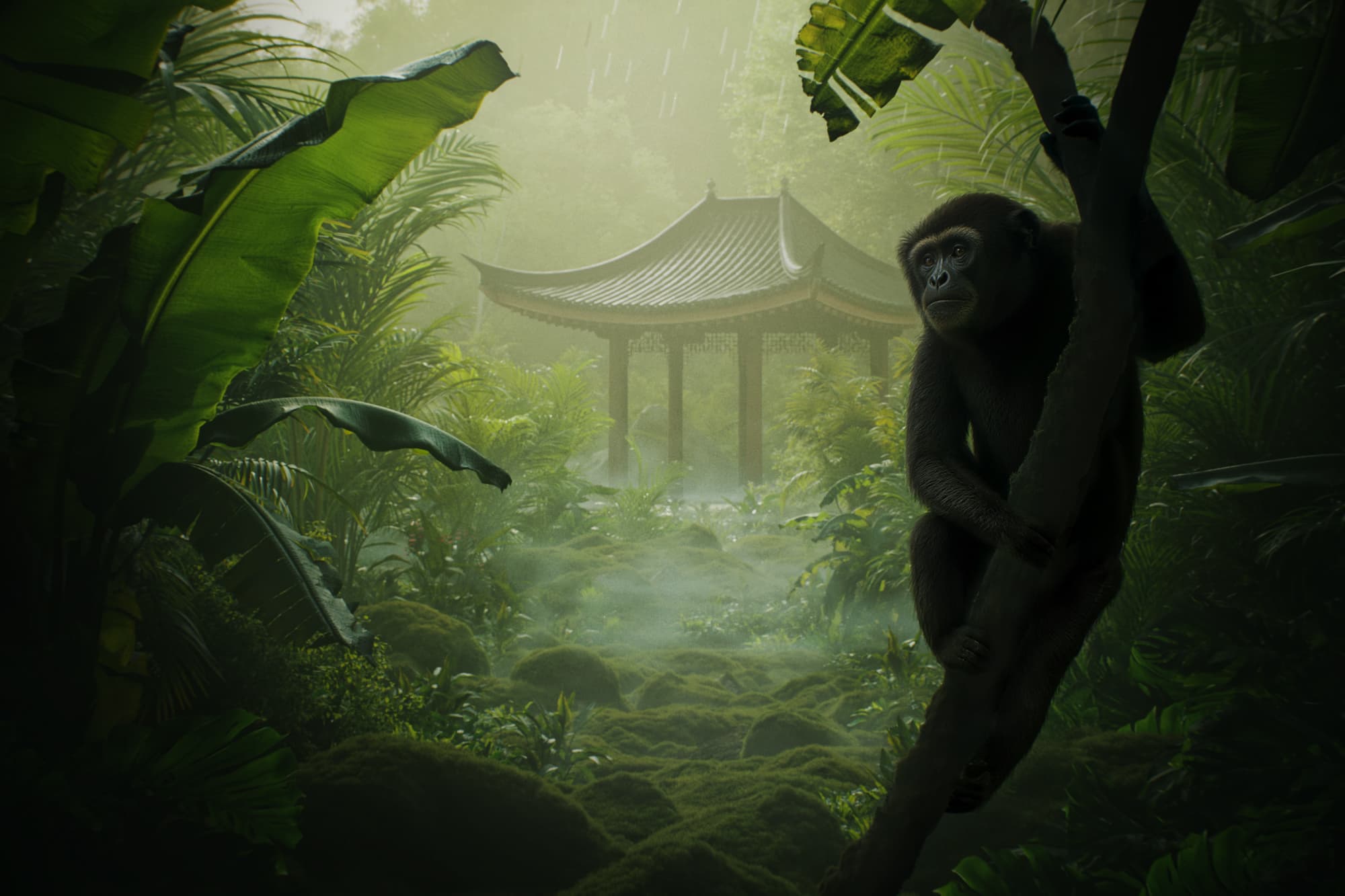 3D visualization of a hidden traditional Chinese temple in tropical jungle - curved roofs and lush vegetation create mystical atmosphere