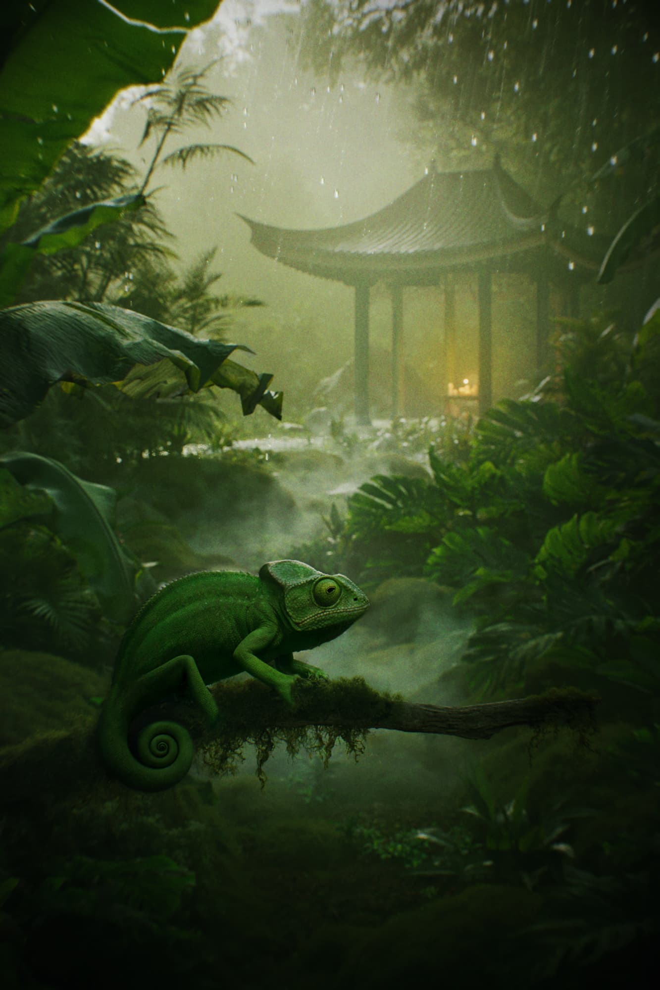 3D visualization of a hidden traditional Chinese temple in tropical jungle - curved roofs and lush vegetation create mystical atmosphere