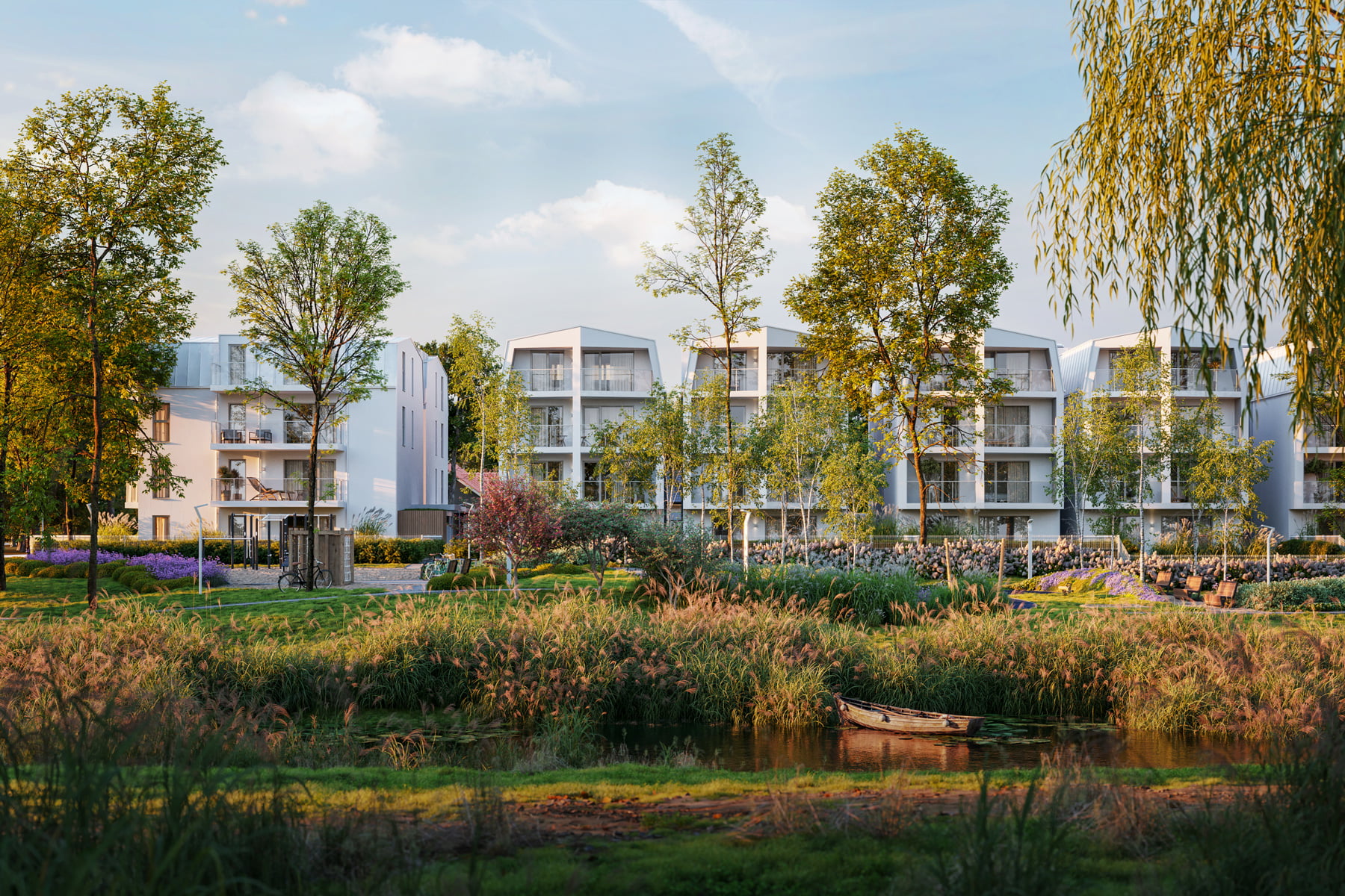 Zawislanska premium residential complex – 3D architectural visualization with serene surroundings